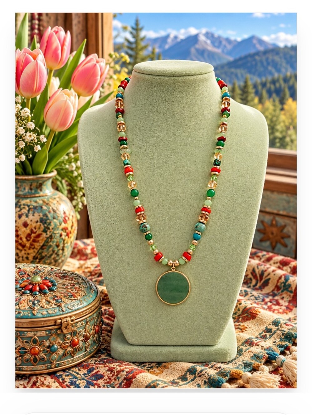 Artisan Handcrafted Green Stone Pendant Beaded Necklace - Multicolor